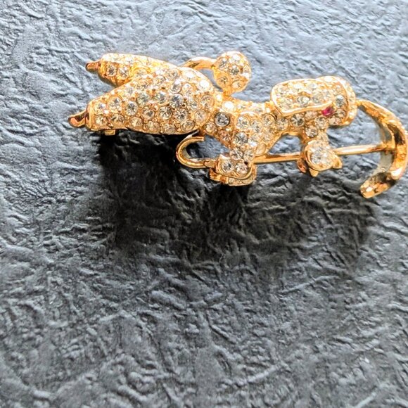 Vintage Poodle Brooch Umbrella Rhinestone Gold-Tone - Picture 12 of 14